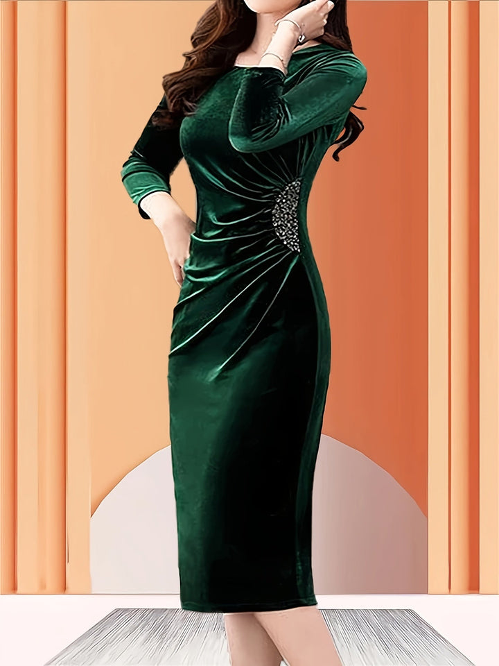 Elegant Velvet Midi Dress for Women with Round Neck Elbow Sleeve Ruched Beaded Bodycon Cocktail Style