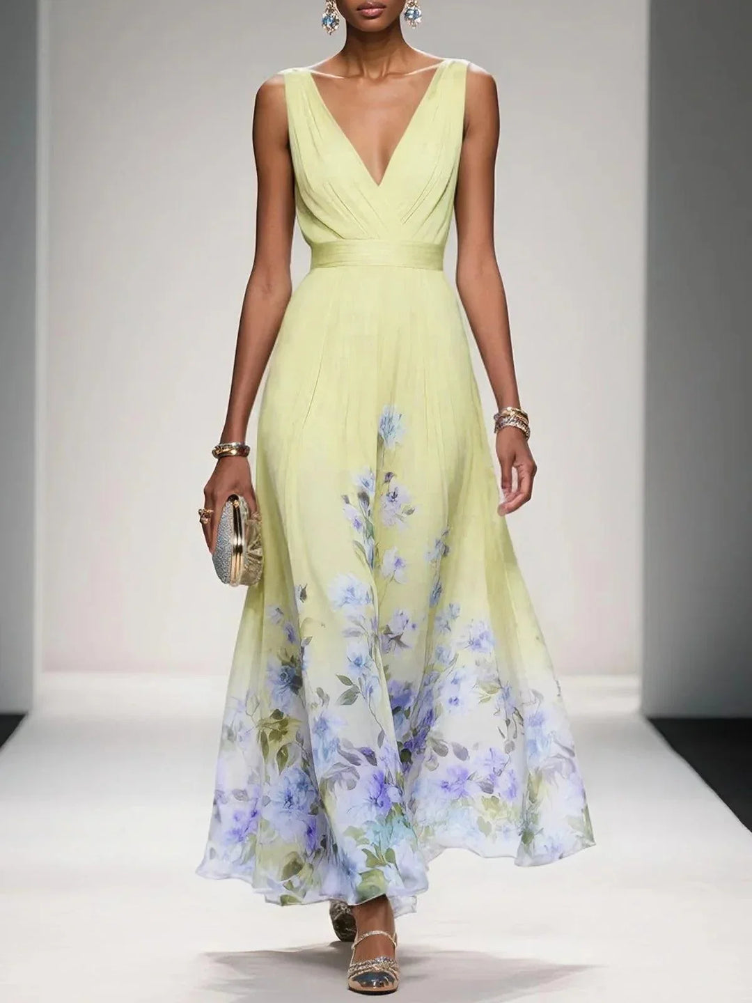 Elegant Floral Maxi Dress for Women with V Neck Sleeveless Wrap Waist Flowing Wedding Guest Style