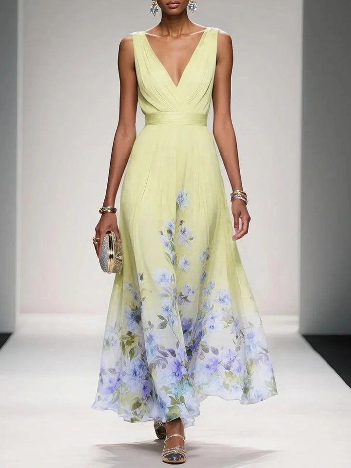 Elegant Floral Maxi Dress for Women with V Neck Sleeveless Wrap Waist Flowing Wedding Guest Style
