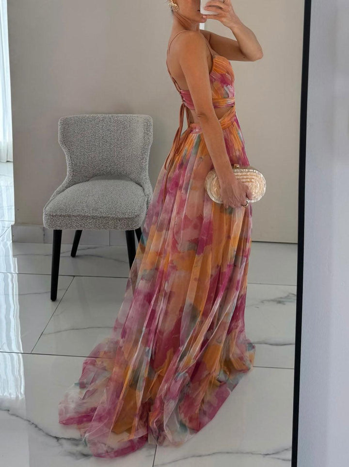 Effortless Watercolor Floral Maxi Dress for Women with V Neck Spaghetti Strap Crisscross Waist High Slit Flowing Style