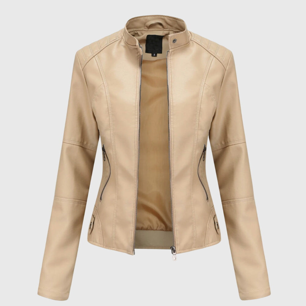 Elegant Faux Leather Moto Jacket for Women with Stand Collar Long Sleeve Zip Front Fitted Style