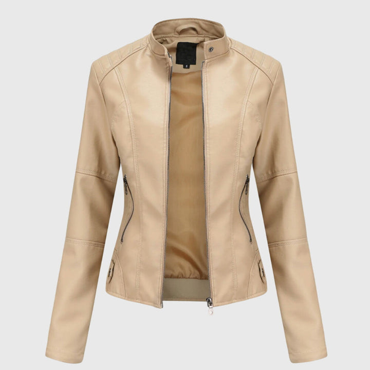 Elegant Faux Leather Moto Jacket for Women with Stand Collar Long Sleeve Zip Front Fitted Style
