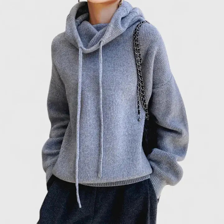 Comfortable Knit Hooded Sweater for Women with Cowl Neck Long Sleeve Drawstring Oversized Style