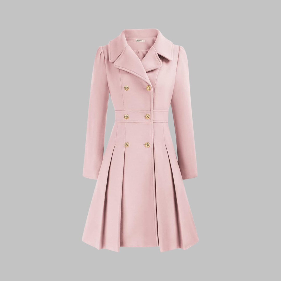 Elegant Wool Blend Pea Coat for Women with Notched Lapel Long Sleeve Double Breasted Pleated Fit and Flare Style