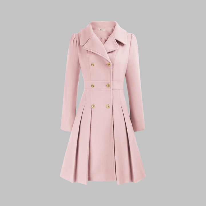 Elegant Wool Blend Pea Coat for Women with Notched Lapel Long Sleeve Double Breasted Pleated Fit and Flare Style