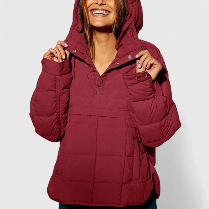 Comfortable Quilted Puffer Jacket for Women with Hooded Snap Front Long Sleeve High Low Hem Casual Style