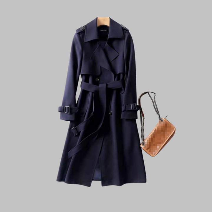 Elegant Trench Coat for Women with Notched Lapel Long Sleeve Double Breasted Belted Flowing Style