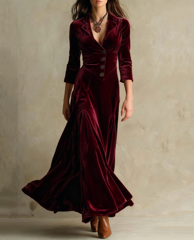 Elegant Velvet Maxi Dress for Women with Notch Collar Elbow Sleeve Button Front Flared Vintage Style