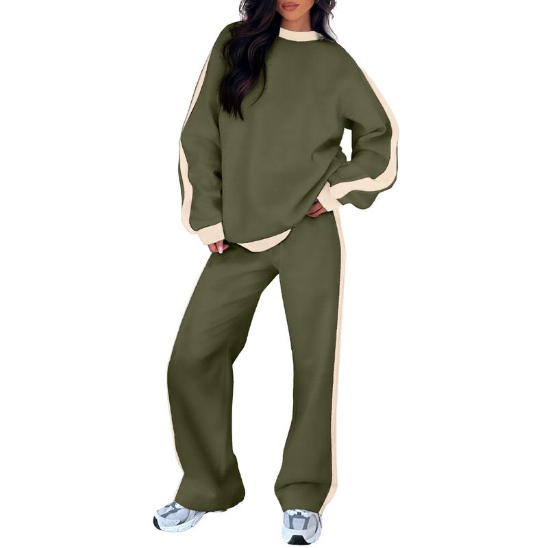 Effortless Wide Leg Set for Women with Round Neck Long Sleeve Contrast Stripe Relaxed Two Piece Style