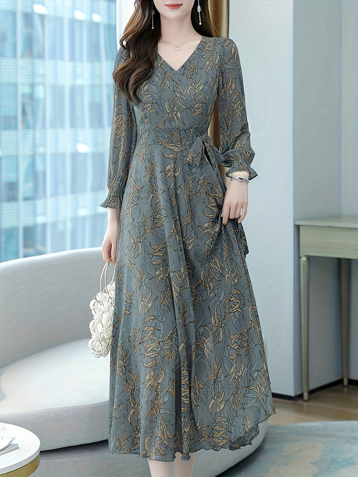 Elegant Sage Green Leaf Print Maxi Dress for Women with V Neck Long Sleeve Tie Waist Flowing Style