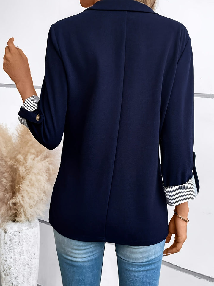 Effortless Blazer for Women with Lapel Collar Long Sleeve Striped Cuff Open Front Casual Style