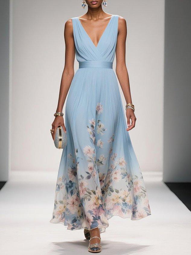Elegant Floral Maxi Dress for Women with V Neck Sleeveless Wrap Waist Flowing Wedding Guest Style