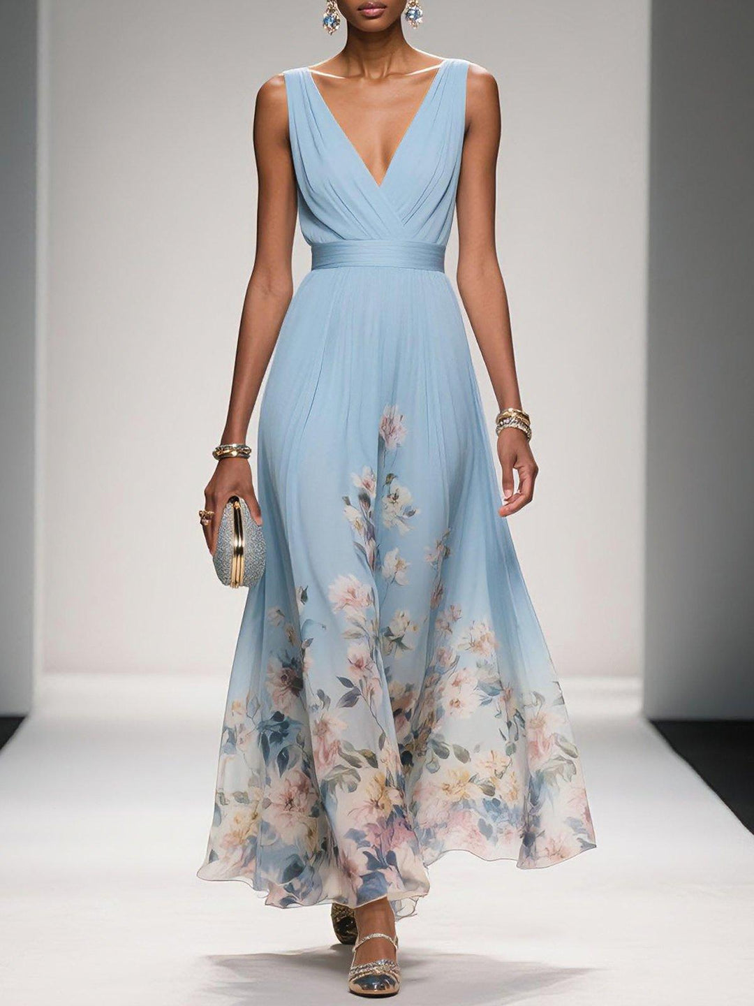 Elegant Floral Maxi Dress for Women with V Neck Sleeveless Wrap Waist Flowing Wedding Guest Style