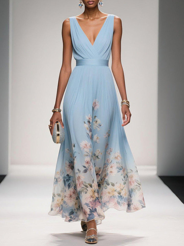 Elegant Floral Maxi Dress for Women with V Neck Sleeveless Wrap Waist Flowing Wedding Guest Style