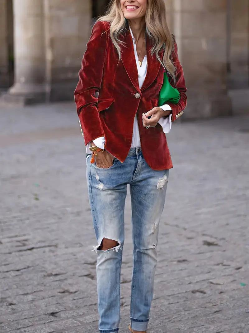 Elegant Velvet Blazer for Women with Lapel Collar Long Sleeve Single Button Tailored Formal Style