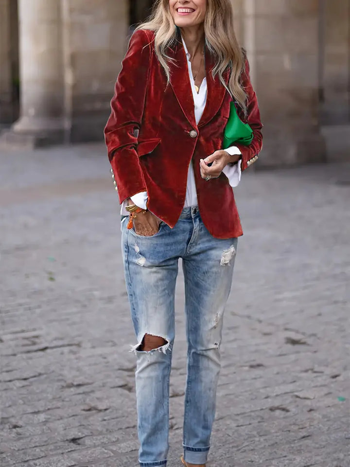 Elegant Velvet Blazer for Women with Lapel Collar Long Sleeve Single Button Tailored Formal Style