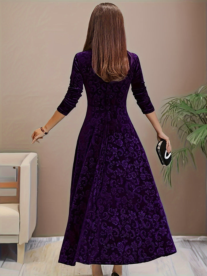 Elegant Velvet Floral Maxi Dress for Women with Square Neck Elbow Sleeve A Line Flowing Style