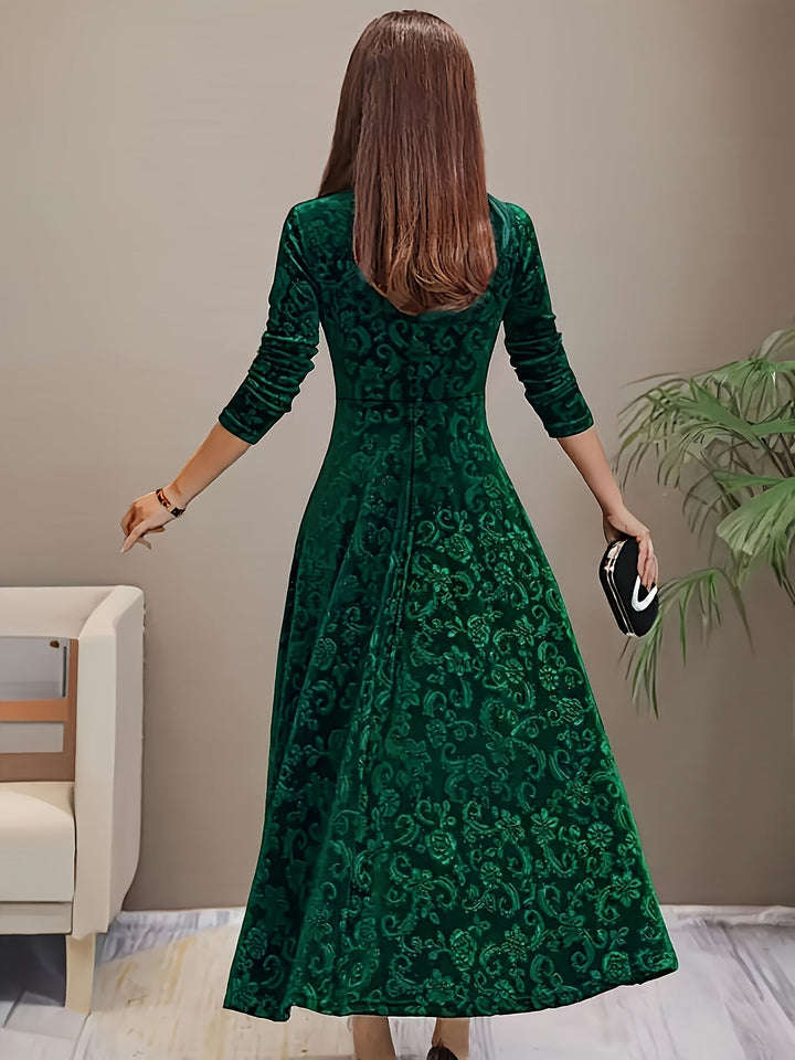 Elegant Velvet Floral Maxi Dress for Women with Square Neck Elbow Sleeve A Line Flowing Style