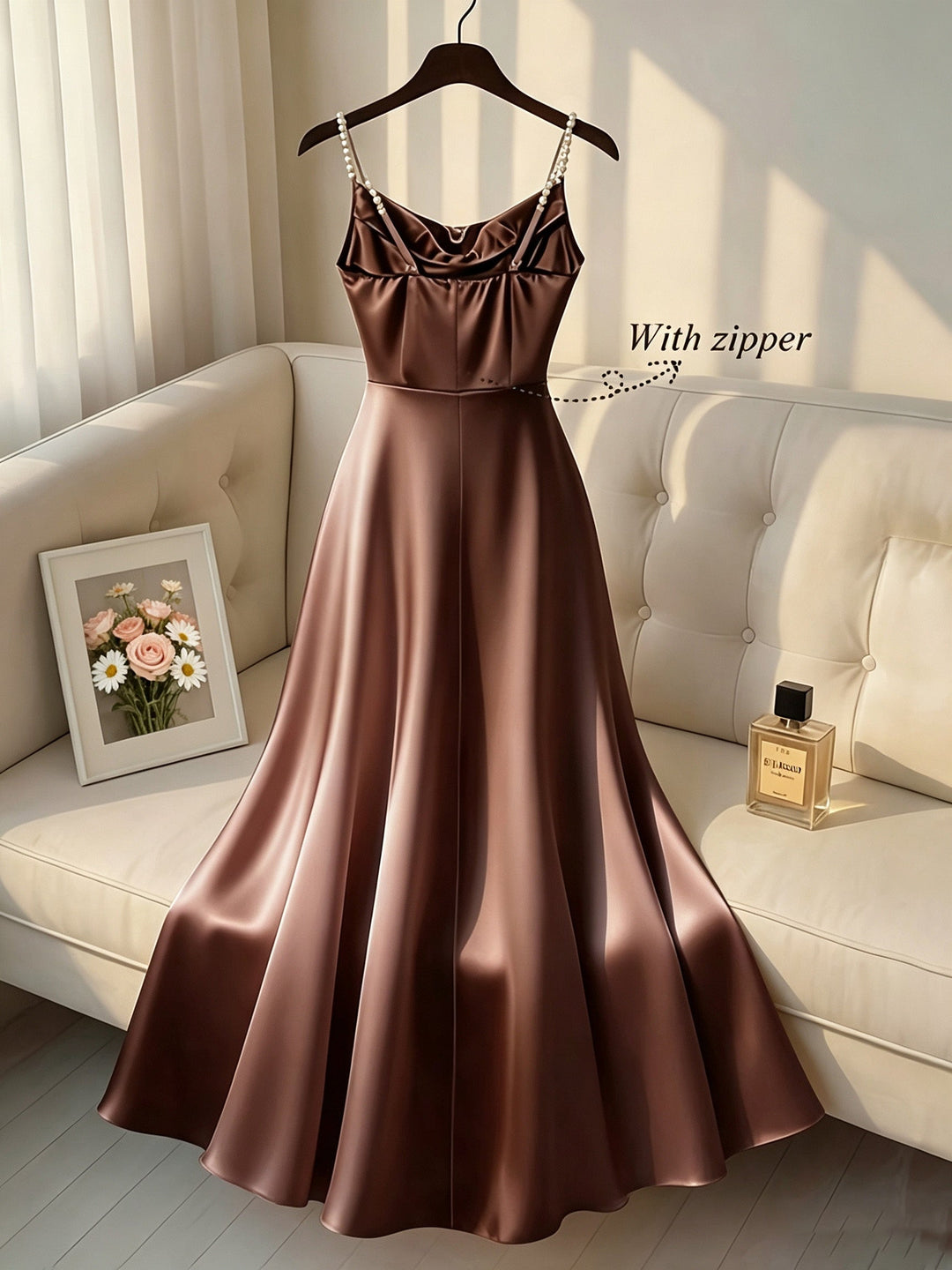 Elegant Satin Maxi Dress for Women with Cowl Neck Pearl Strap Flowing Formal Wedding Guest Style