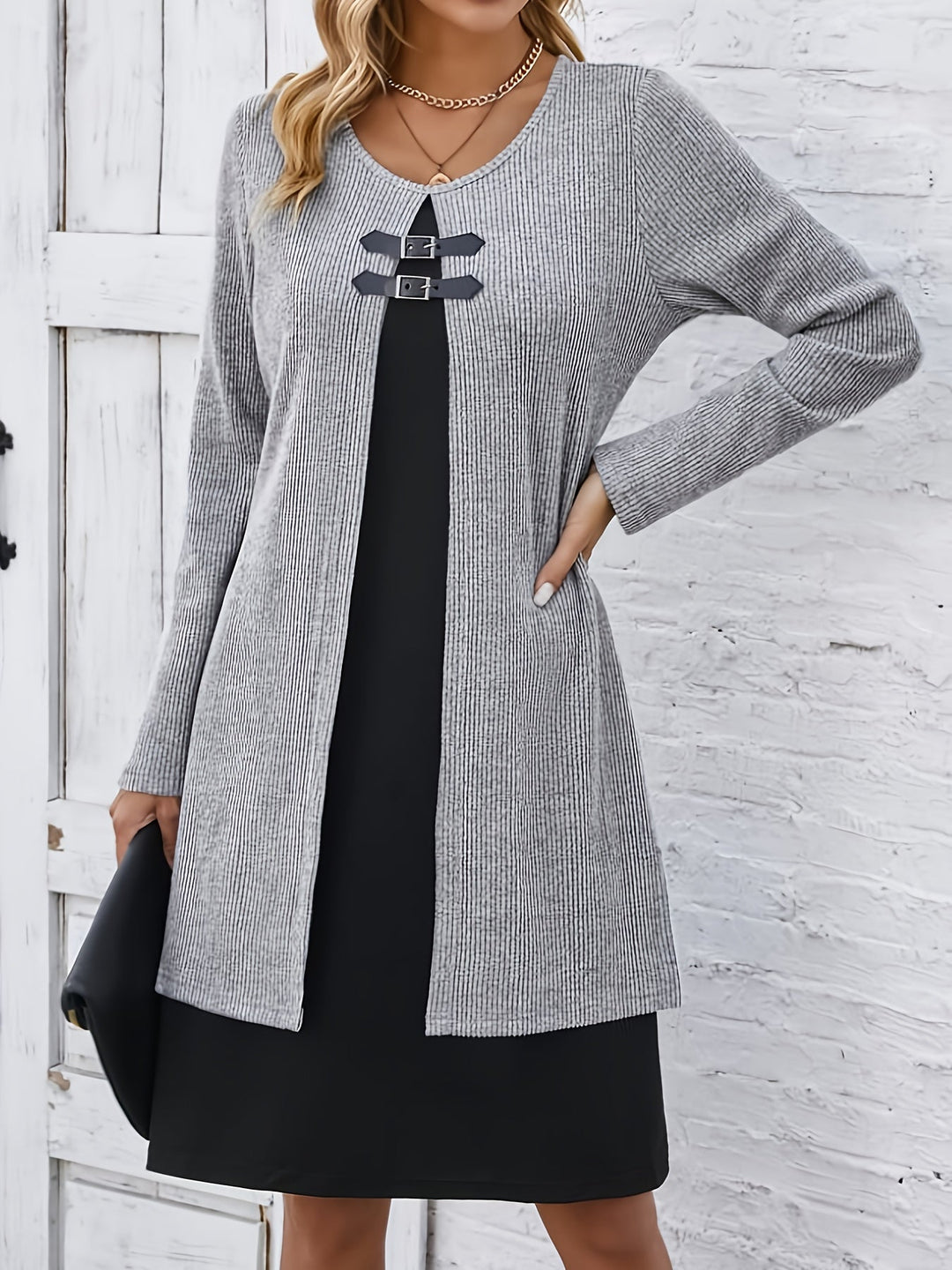 Comfortable Ribbed Knit Sweater Dress for Women with Round Neck Long Sleeve Buckle Detail Layered Style