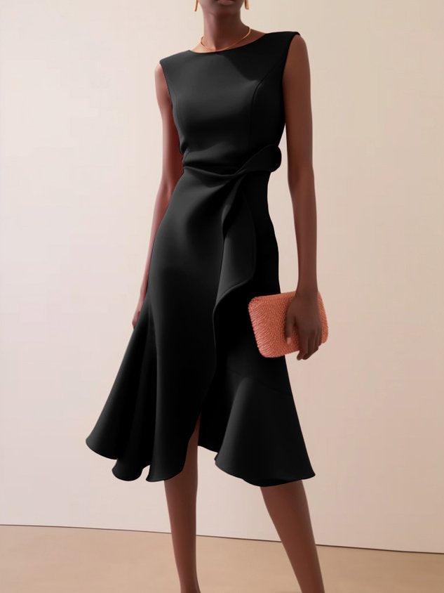 Elegant Draped Midi Dress for Women with Boat Neck Sleeveless Asymmetric Ruffle Hem Cocktail Style