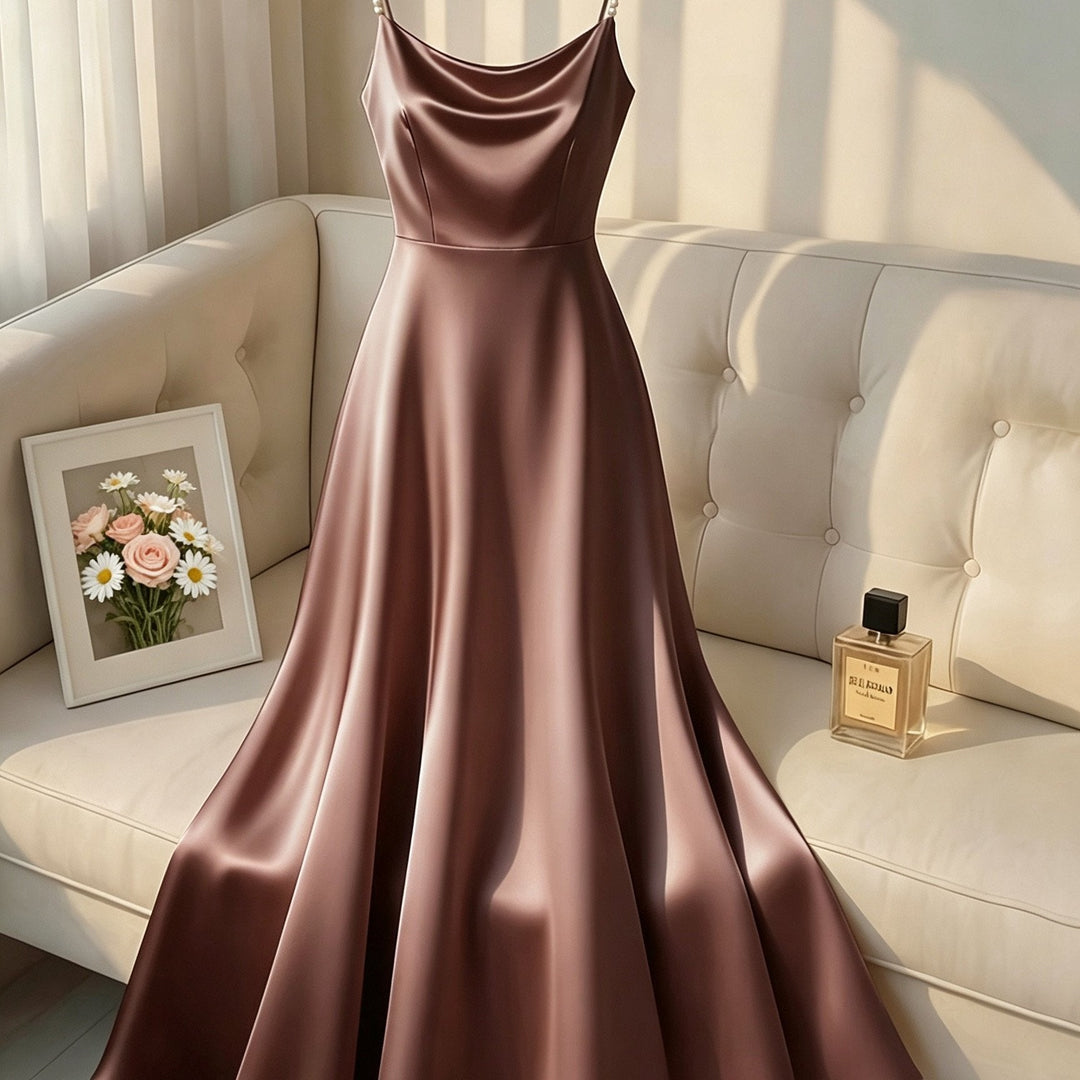 Elegant Satin Maxi Dress for Women with Cowl Neck Pearl Strap Flowing Formal Wedding Guest Style