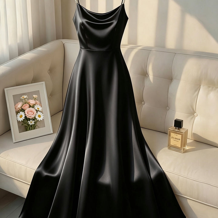Elegant Satin Maxi Dress for Women with Cowl Neck Pearl Strap Flowing Formal Wedding Guest Style