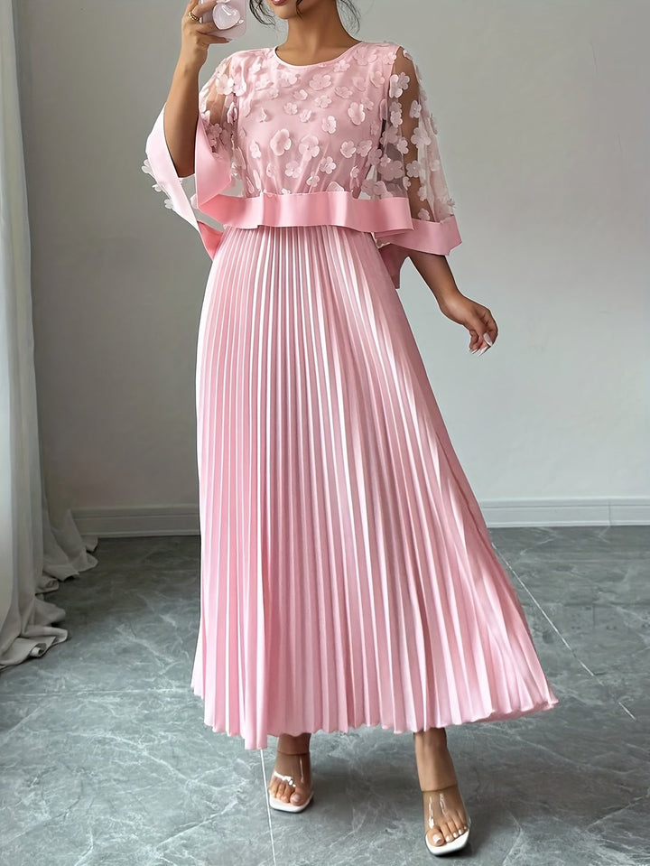 Elegant Floral Pleated Maxi Dress for Women with Round Neck Cape Sleeve Appliqué Flowing Formal Wedding Guest Style
