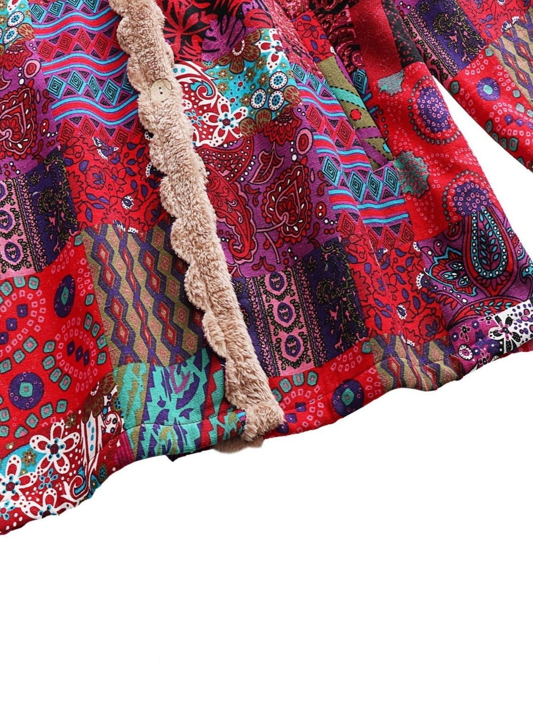 Effortless Patchwork Print Fleece Lined Coat for Women with Hooded Long Sleeve Button Front Oversized Bohemian Style