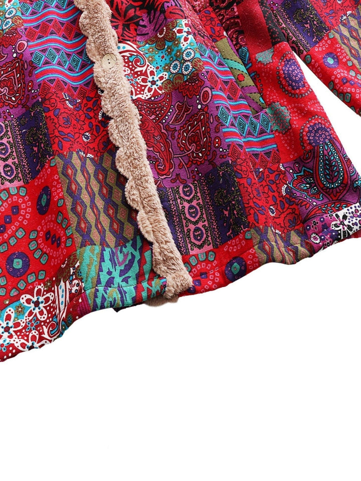 Effortless Patchwork Print Fleece Lined Coat for Women with Hooded Long Sleeve Button Front Oversized Bohemian Style
