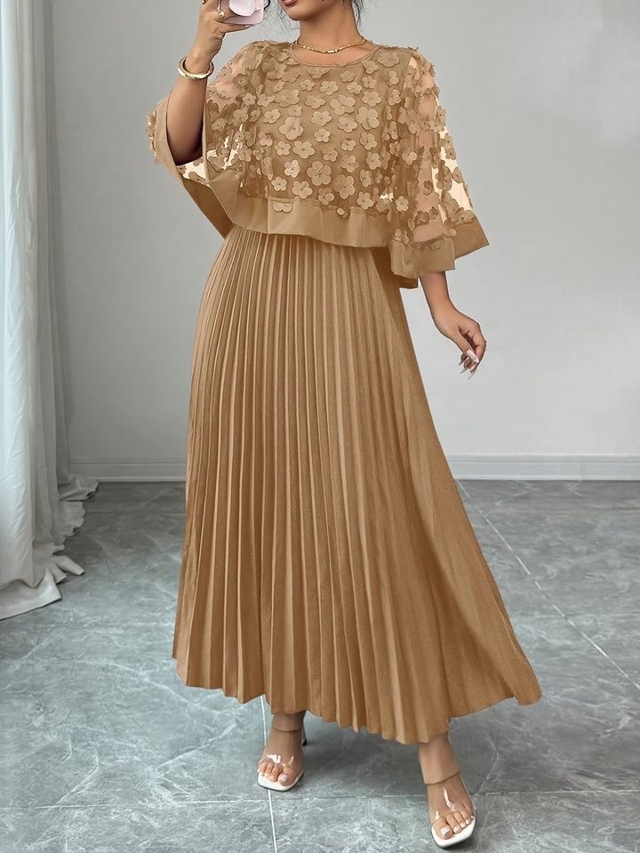 Elegant Floral Pleated Maxi Dress for Women with Round Neck Cape Sleeve Appliqué Flowing Formal Wedding Guest Style