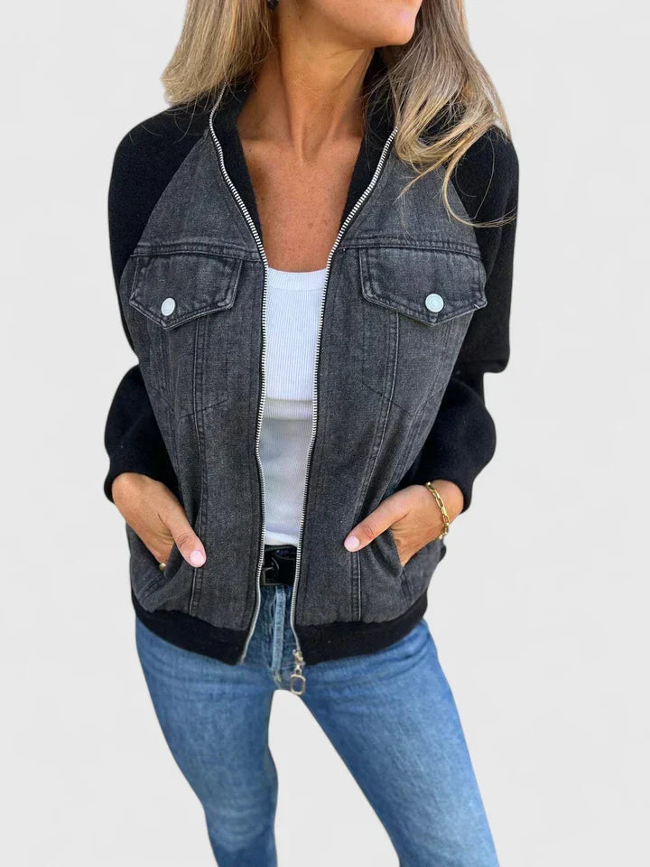 Effortless Denim Bomber Jacket for Women with Zip Front Long Sleeve Colorblock Casual Style