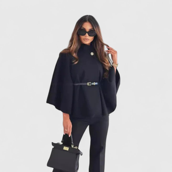 Elegant Textured Cape Jacket for Women with High Neck Bell Sleeve Belted Peplum Style