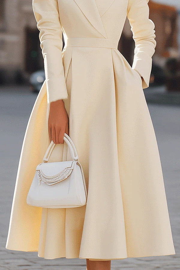 Elegant Fit and Flare Midi Dress for Women with Lapel Collar Long Sleeve Pleated Pocket Cocktail Style
