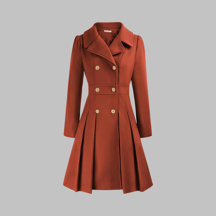Elegant Wool Blend Pea Coat for Women with Notched Lapel Long Sleeve Double Breasted Pleated Fit and Flare Style