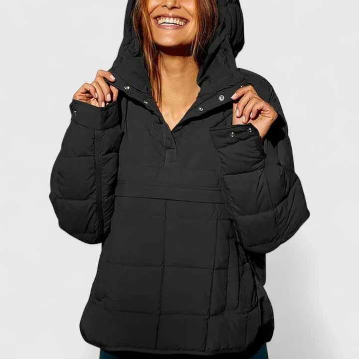 Comfortable Quilted Puffer Jacket for Women with Hooded Snap Front Long Sleeve High Low Hem Casual Style