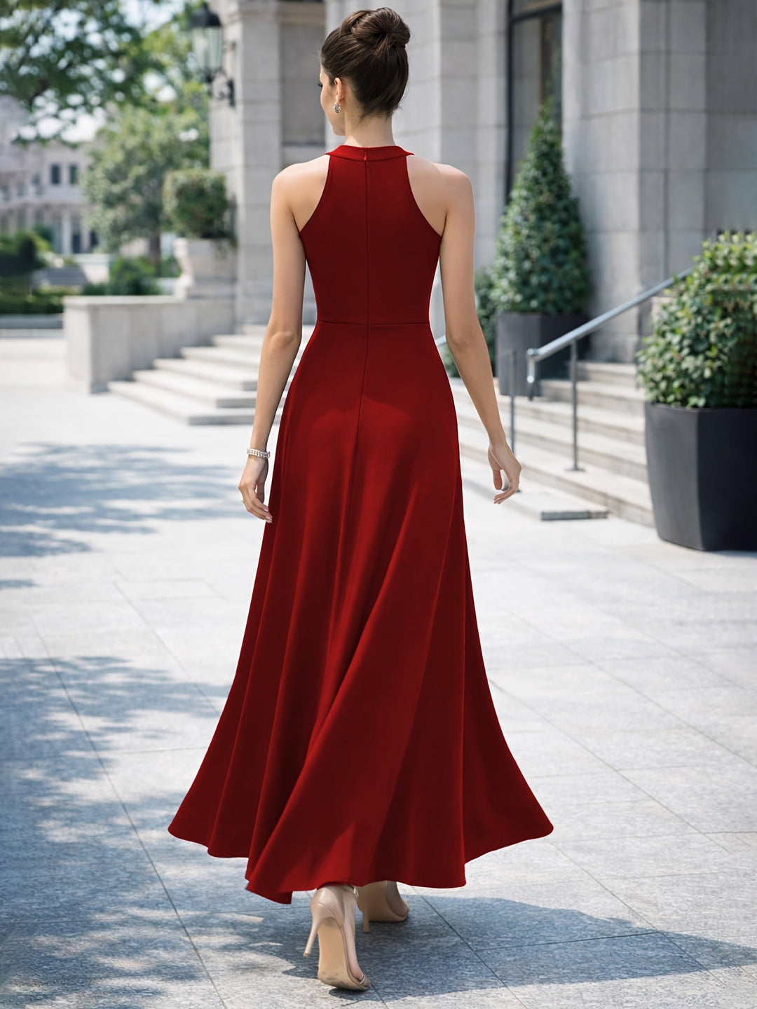 Elegant Maxi Dress for Women with High Neck Sleeveless High Slit A Line Flowing Formal Wedding Guest Style