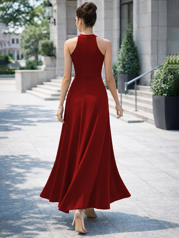 Elegant Maxi Dress for Women with High Neck Sleeveless High Slit A Line Flowing Formal Wedding Guest Style