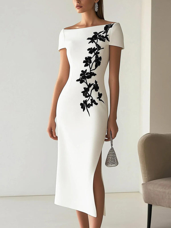 Elegant White Floral Midi Dress for Women with Boat Neck Short Sleeve Bodycon Slit Formal Style