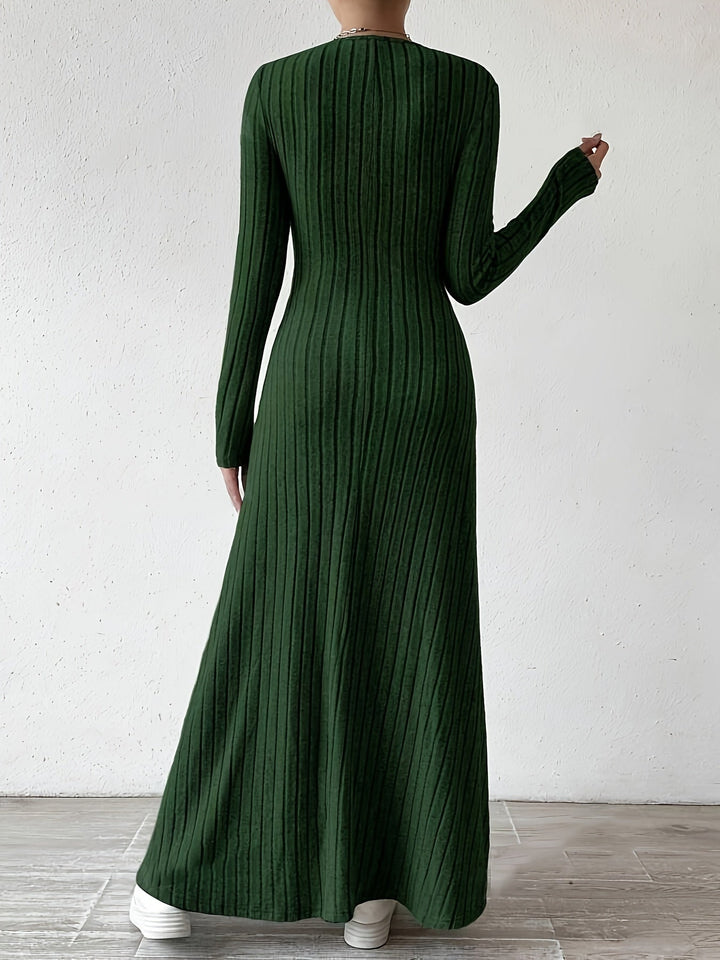 Elegant Ribbed Knit Maxi Dress for Women with V Neck Long Sleeve Fitted Flowing Style