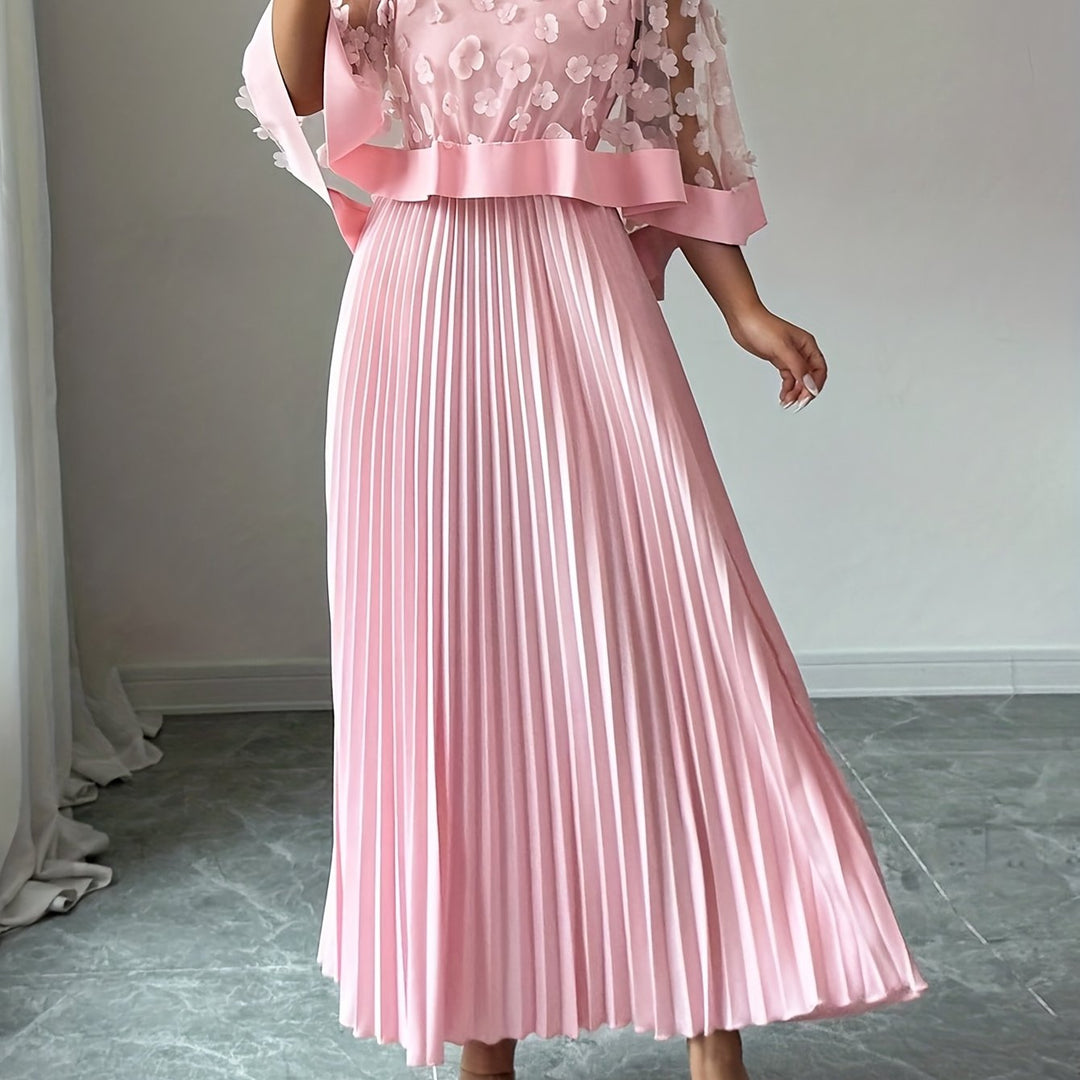 Elegant Floral Pleated Maxi Dress for Women with Round Neck Cape Sleeve Appliqué Flowing Formal Wedding Guest Style