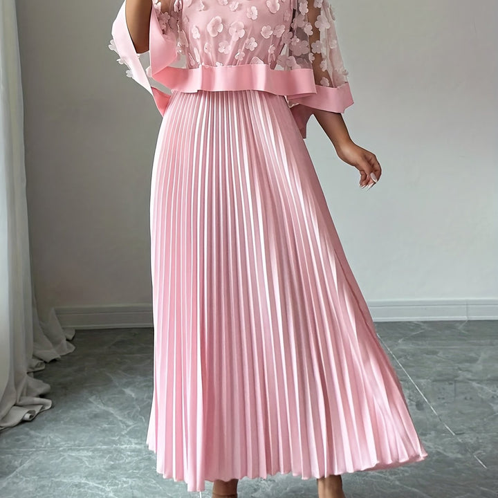 Elegant Floral Pleated Maxi Dress for Women with Round Neck Cape Sleeve Appliqué Flowing Formal Wedding Guest Style
