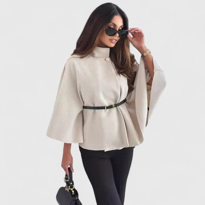 Elegant Textured Cape Jacket for Women with High Neck Bell Sleeve Belted Peplum Style