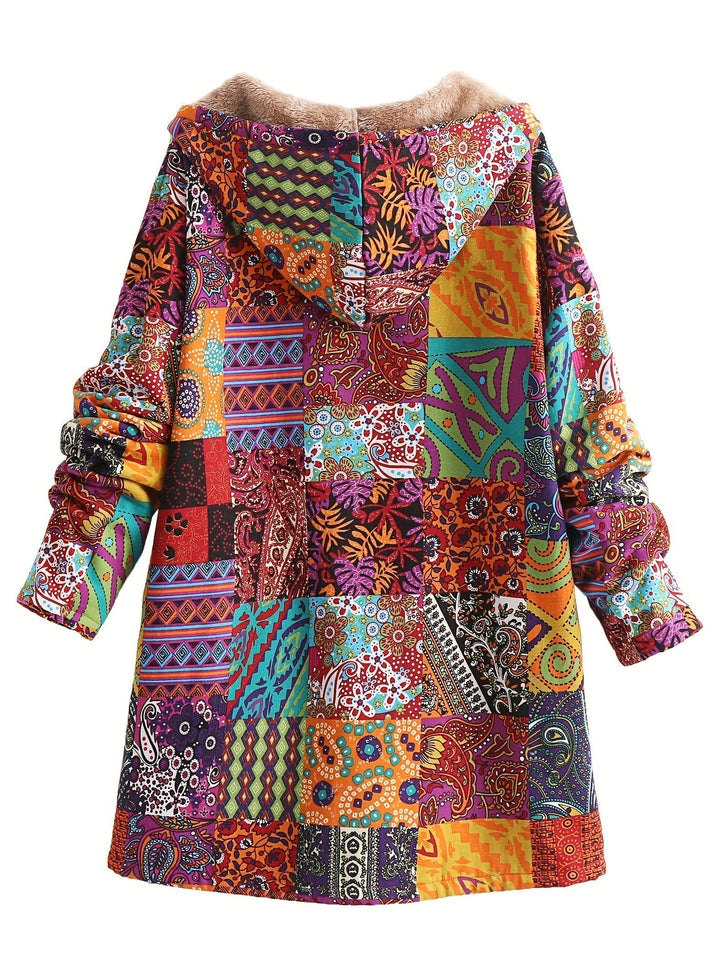 Effortless Patchwork Print Fleece Lined Coat for Women with Hooded Long Sleeve Button Front Oversized Bohemian Style