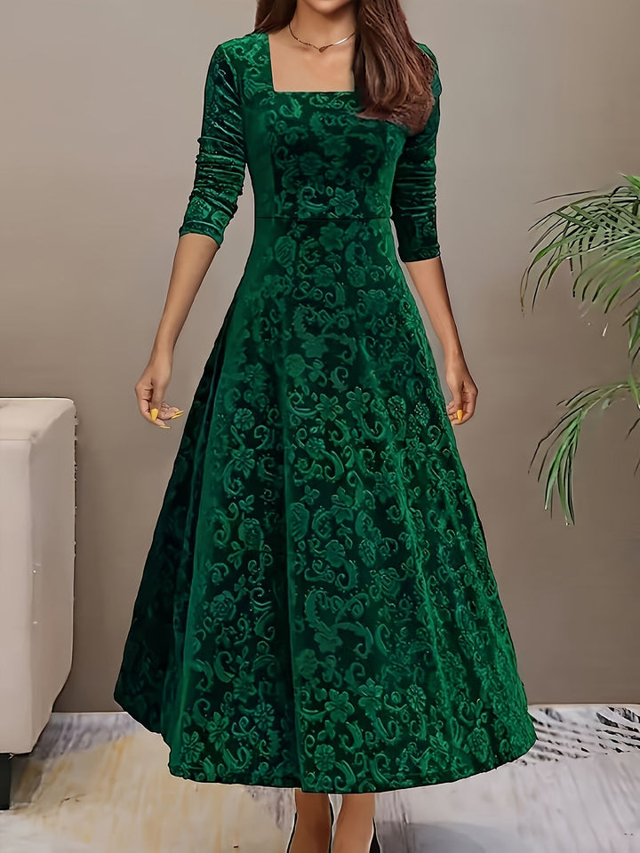 Elegant Velvet Floral Maxi Dress for Women with Square Neck Elbow Sleeve A Line Flowing Style