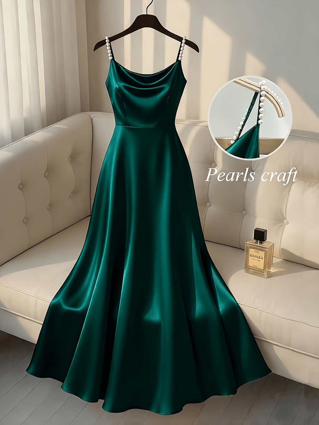 Elegant Satin Maxi Dress for Women with Cowl Neck Pearl Strap Flowing Formal Wedding Guest Style