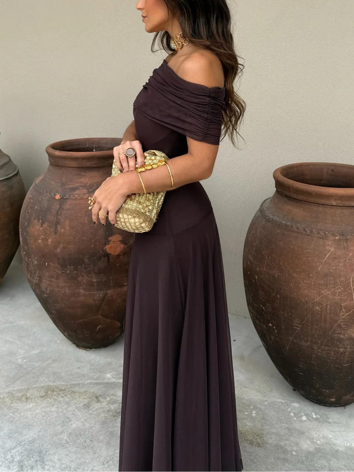 Elegant Mesh Maxi Dress for Women with Off Shoulder Short Sleeve Ruched Flowing Style