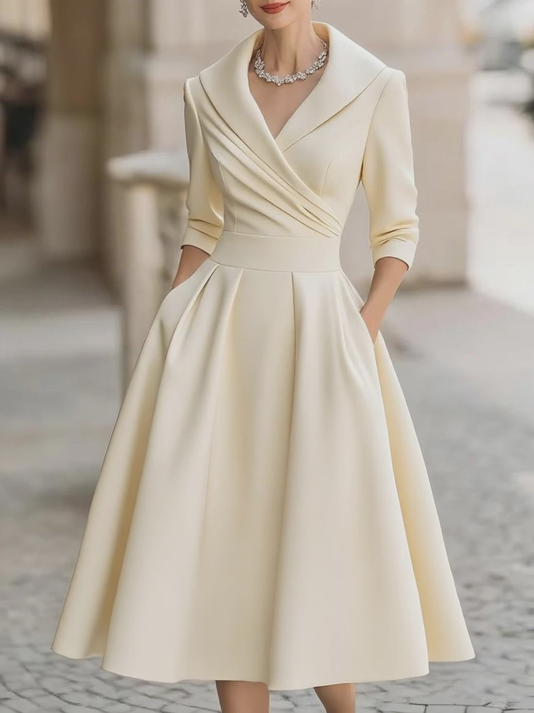 Elegant Satin Midi Dress for Women with Shawl Collar Elbow Sleeve Pleated A Line Cocktail Style