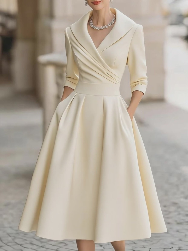Elegant Satin Midi Dress for Women with Shawl Collar Elbow Sleeve Pleated A Line Cocktail Style