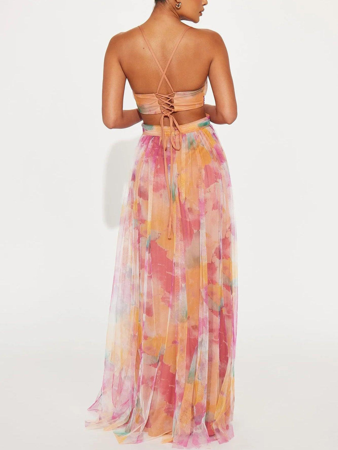 Effortless Watercolor Floral Maxi Dress for Women with V Neck Spaghetti Strap Crisscross Waist High Slit Flowing Style